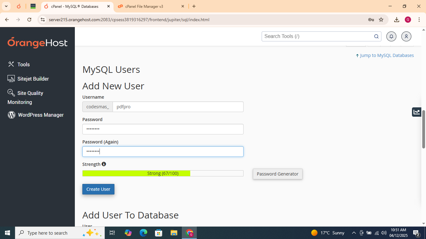 Create database user in cPanel
